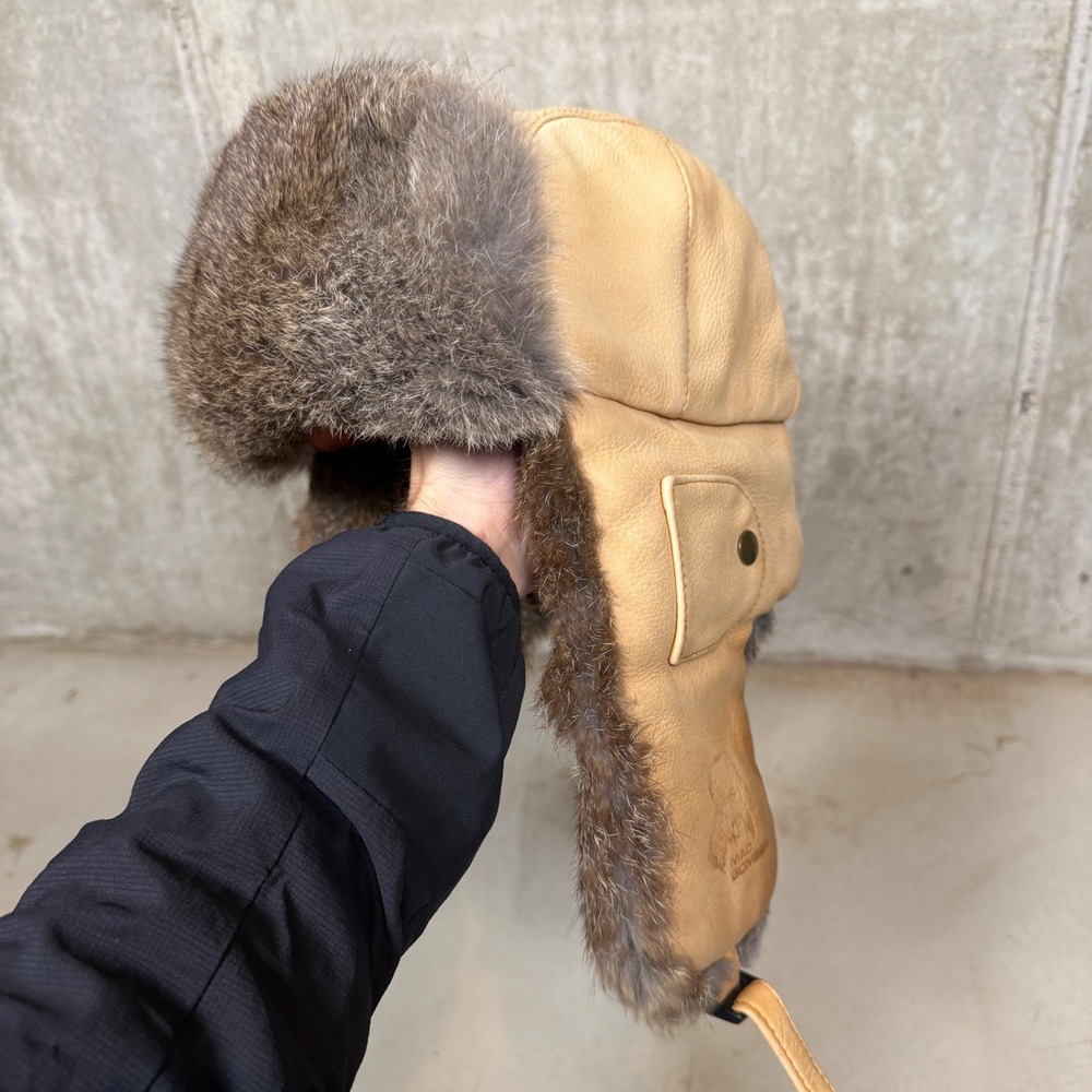 Mad Bomber Mens Tan Leather Natural Rabbit Fur Trapper Hat Large Brown Ushanka